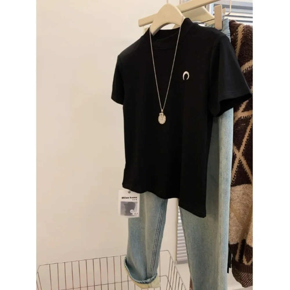 

Women's Crew Neck Print Short Sleeve T-Shirt Summer Design Sensual Niche Crescent Printing Sports Casual Loose Large Size Top