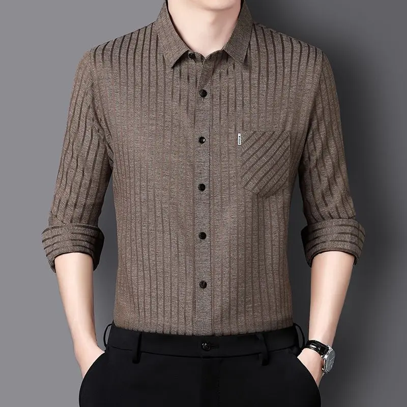 Men's Long Sleeve Shirt Striped Wrinkle Free Breathable Casual Business Dress Top Spring Autumn