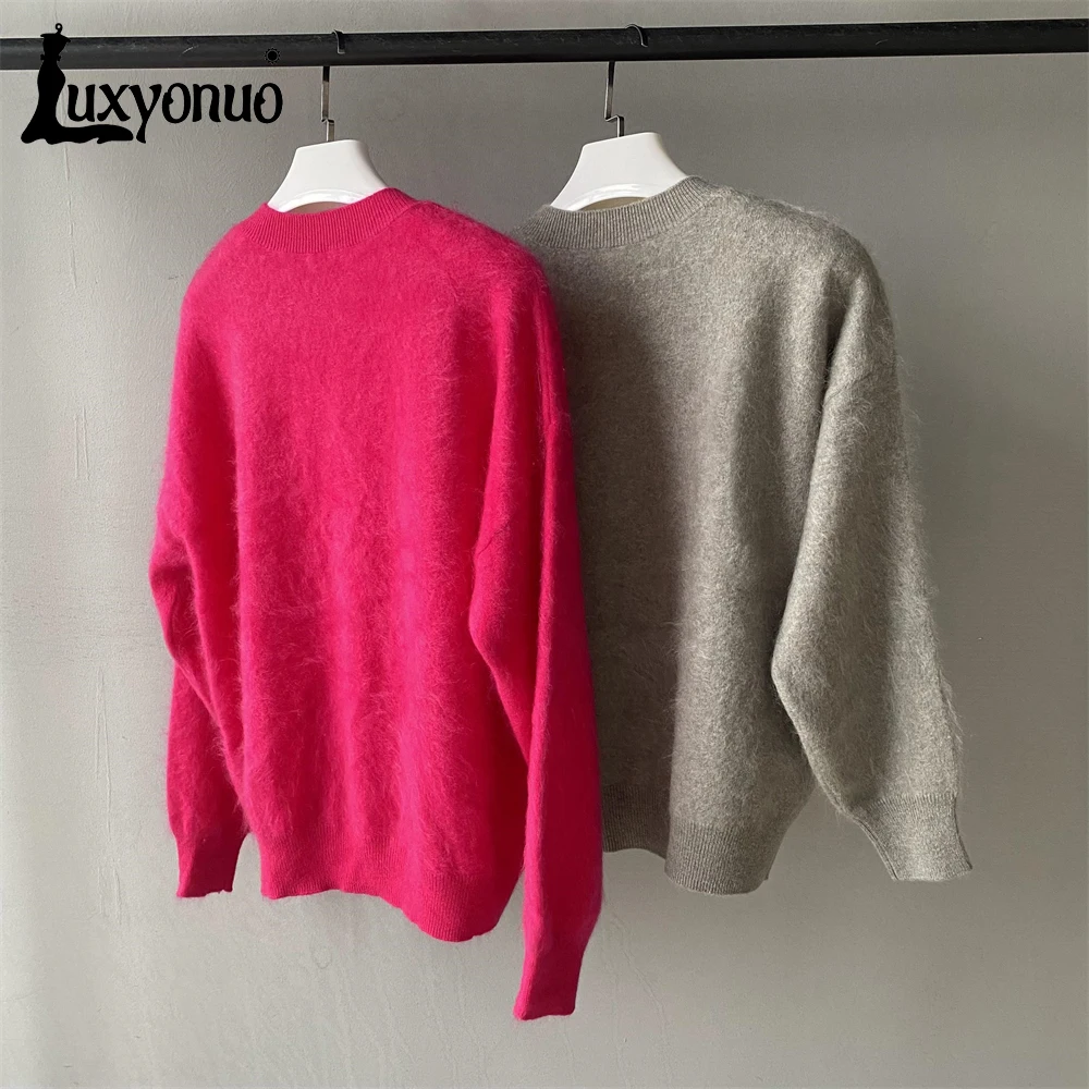 Luxyonuo Women's Cashmere Sweater Ladies Fashion Long Sleeve Fluffy Cashmere Pullover Autumn New Style O Neck Knit Tops Female