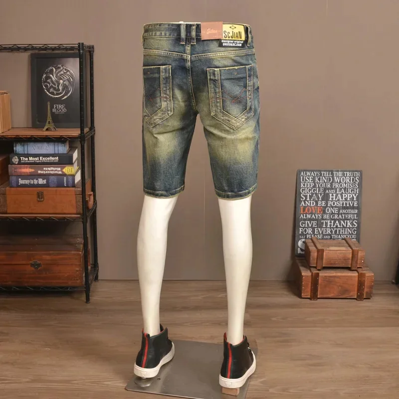 Zomer retro nostalgische gescheurde denim shorts heren trendy merk stretch slim fit high-end gewassen casual vijfkwart broek