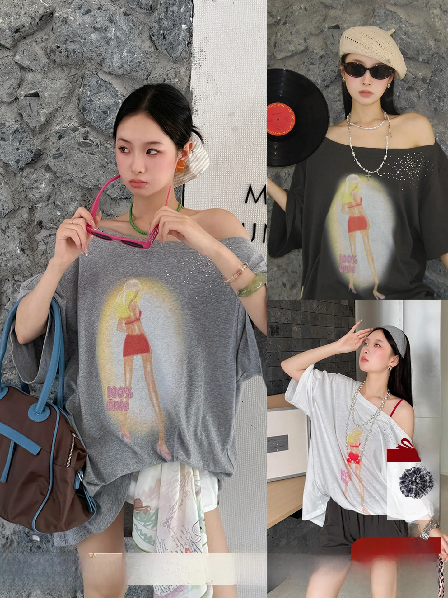 

Футболка с открытыми плечами и коротким рукавом, брендовая, из фирменного магазина, повседневная, для поездок на работу, с принтом, из хлопка, свободного кроя, женская.