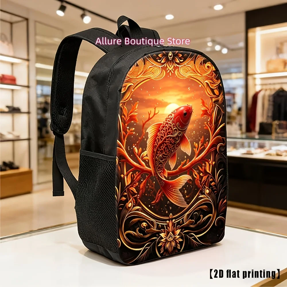 Beautiful Elegant Ornate Red Koi Fish Printed Casual Backpack, Adjustable Shoulder Strap, Hand Washable, Unisex, Perfect for Var