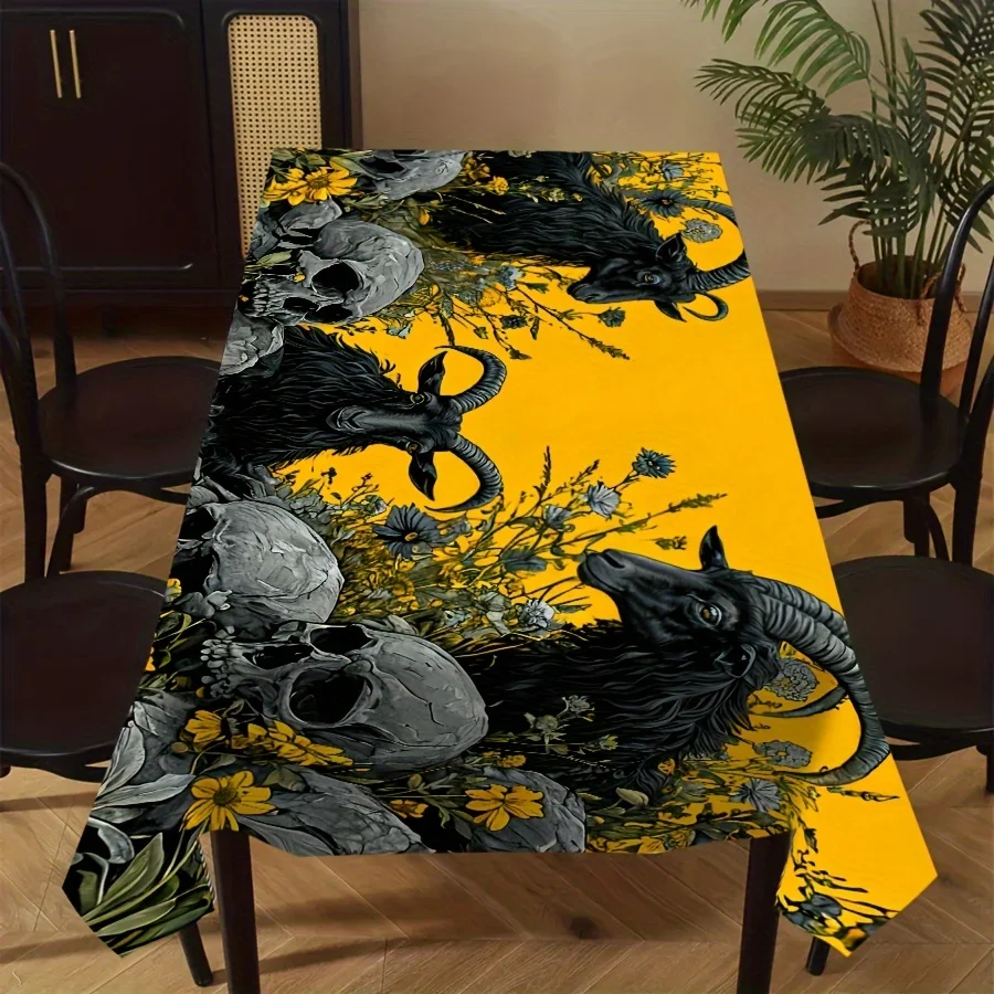One piece of Gothic-style black skull and crow tablecloth - a rectangular polyester table cover for Halloween horror theme.