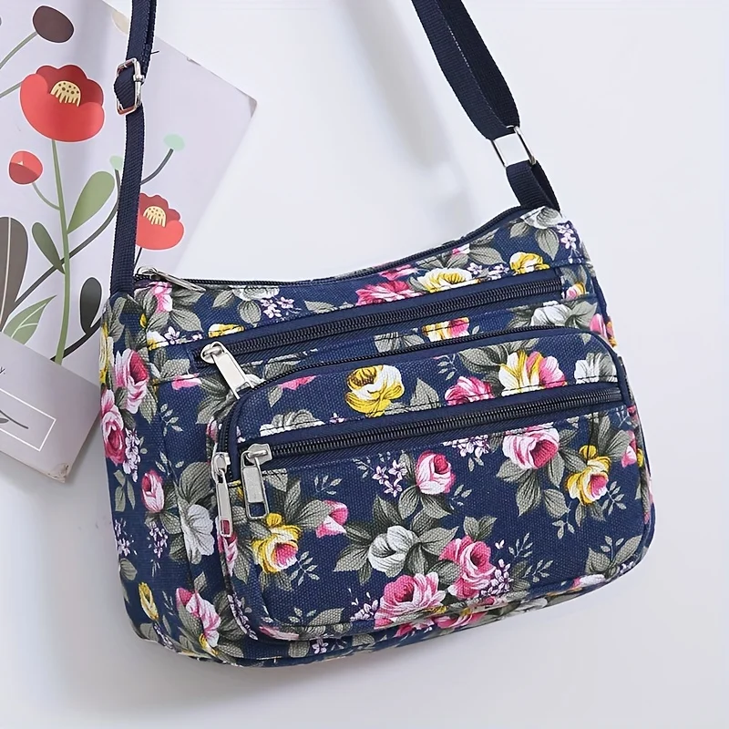 Stylish Floral Crossbody Bag, Multi Zip Casual Shoulder Purse with Adjustable Strap Wallets, for Everyday Outdoor Shoulder Bags view 2
