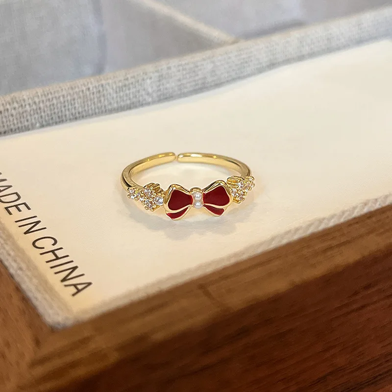 Red Bow Ring For Women Minimalist Luxury Versatile High-end Style Open Adjustable Fashion Finger Jewelry