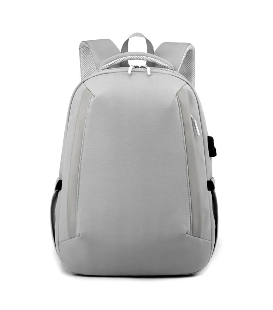 Light gray backpack with vertical side stripe decor anti splash built in external USB port for all occasion daily use