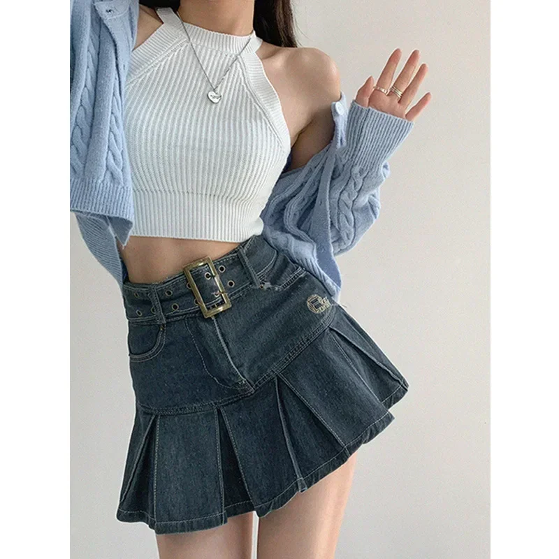 2025 Y2K Women Korean Fashion Kawaii Retro Vintage Harajuku Mini Denim Skirt Gothic Grunge Jeans Pleated Skirts Clothes