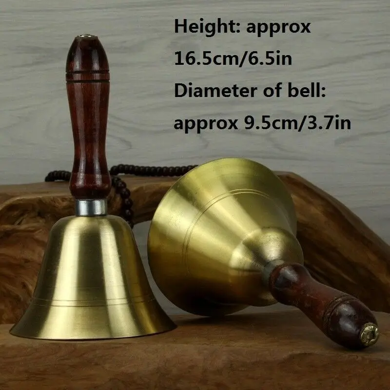 ✅Pure Copper Brass Wooden Handle Rattle Bell School Class Dinner Hand Bell Handbell 16cm Reception Bell Decor Buddhist Hall
