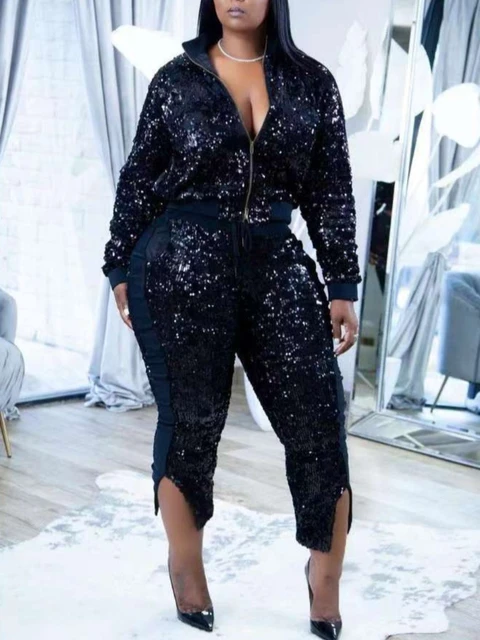 LW Plus Size Sequined Zipper Design Pants Set Glitter Silver Party Two Piece Pants Set Women Club Night Outfits Fashion suit AliExpress