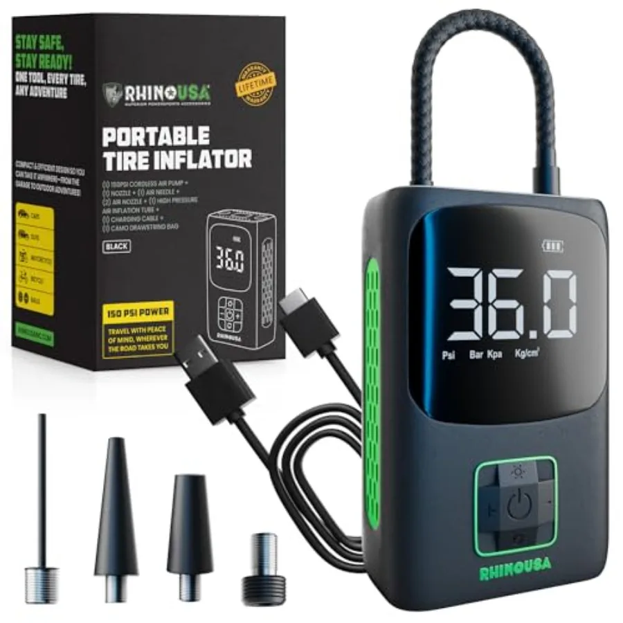 Tire Inflator Portable Air Compressor 150 PSI Upgraded Air Pump for Car Tires with Digital Pressure Gauge - Best Mini Air Pump