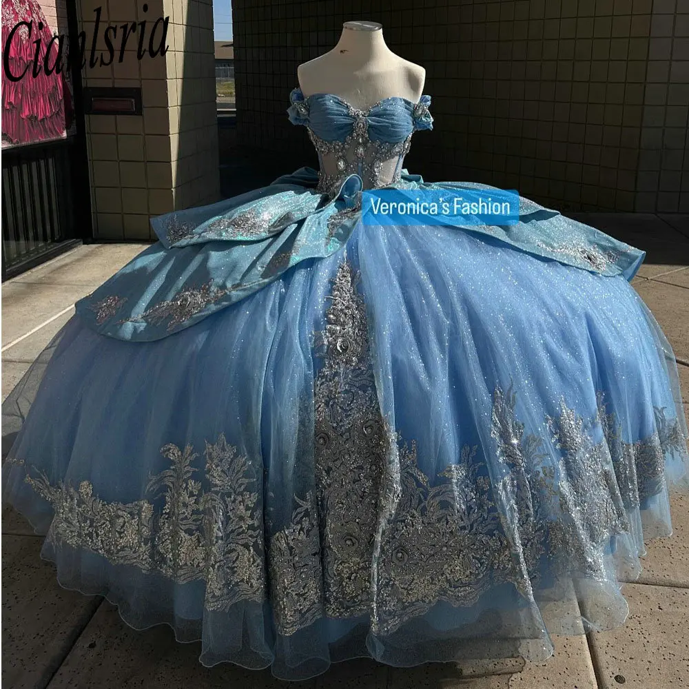 Light Blue Illusion Beading Crystal Ball Gown Quinceanera Dresses Appliques Lace Ruffles Sweet 16 Vestido De 15 Anos