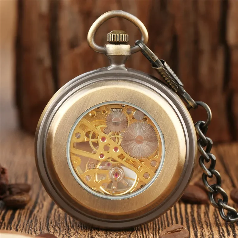 Bronze Roman Number Display Unisex Handwinding Mechanical Pocket Watch Pendant Chain Skeleton Clock for Men Women Gift Reloj