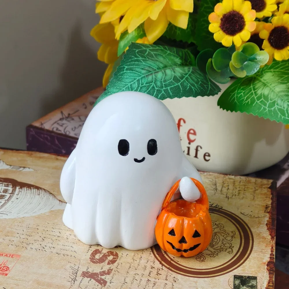 Niedliche Geisterstatue mit Kürbisstatue aus Kunstharz, Halloween-Heimdekoration für Wohnzimmer, Schlafzimmer, Garten, drinnen und draußen