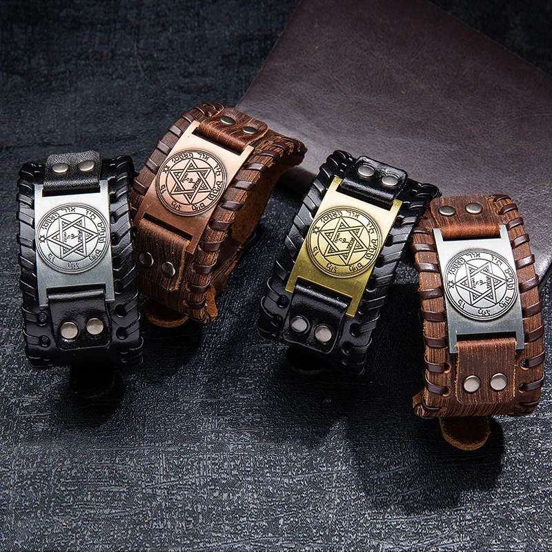 Trendy Totem Design Six-pointed Star Bracelet Men\'s Bracelet New Fashion Leather Woven Viking Accessorie Party Jewelry Wholesale