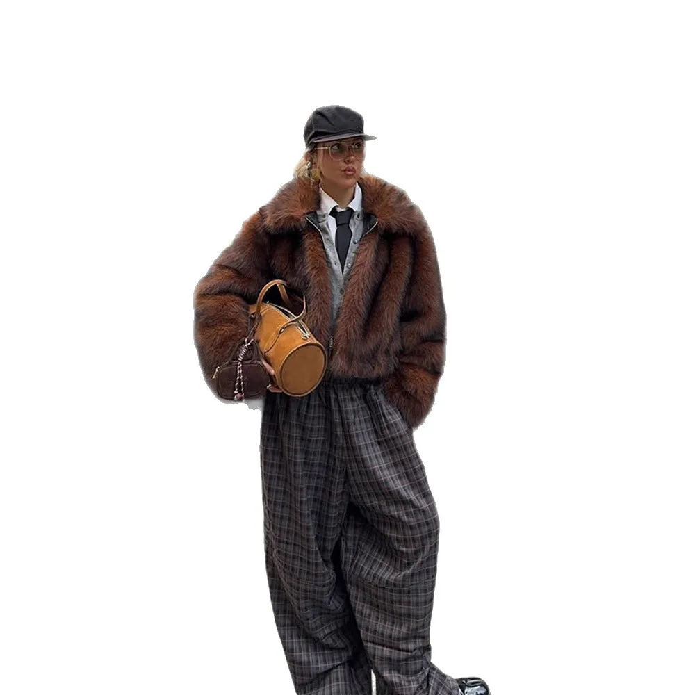 Chic Braun Winter frauen Künstliche Eco Pelzmantel Revers Kragen Zipper Faux Pelzmantel Für Dame Flauschigen Verdickte Weibliche Pelz jacke