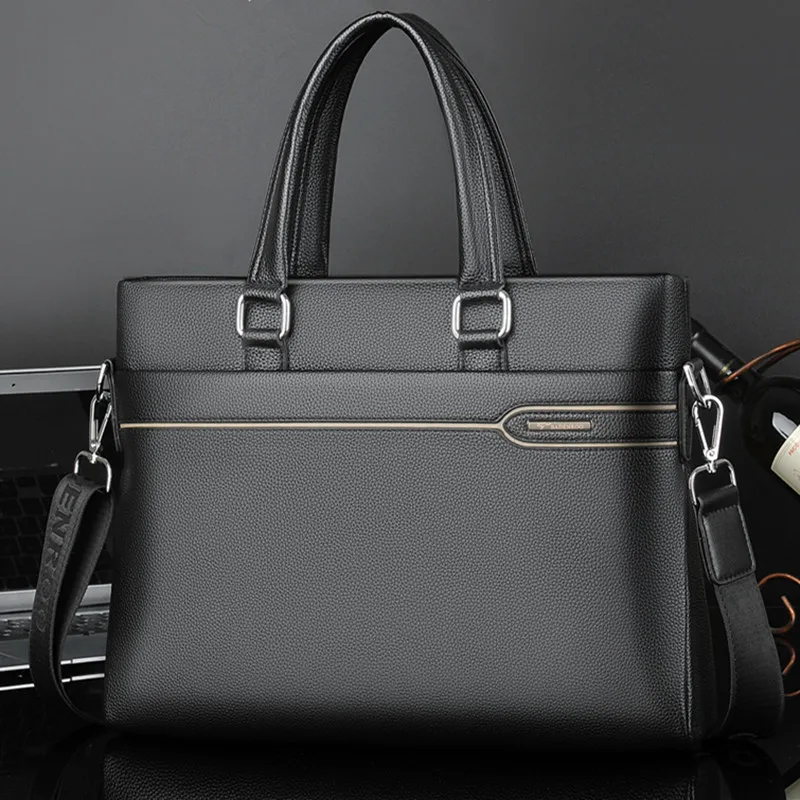 PU leather men's briefcase, horizontal large-capacity 14-inch waterproof computer bag, travel and business single-shoulder bag