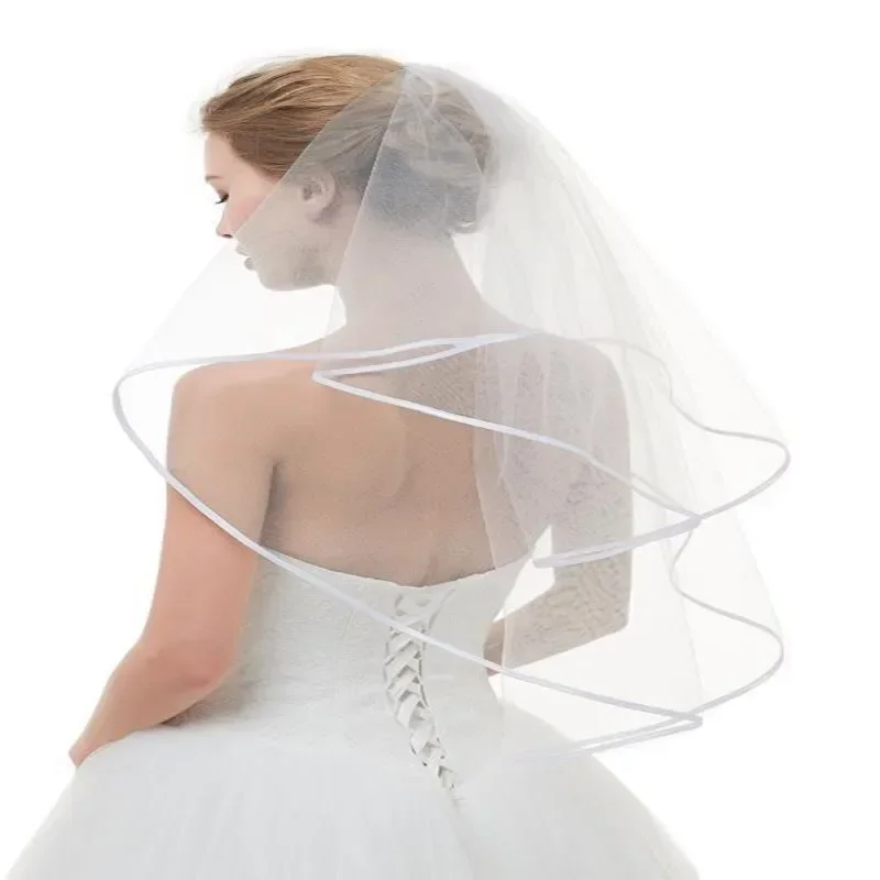 Double Layers Short Tulle Solid Color Women  Wedding Veil with Comb Ribbon Edge Center Cascade Bride Headpiece Party