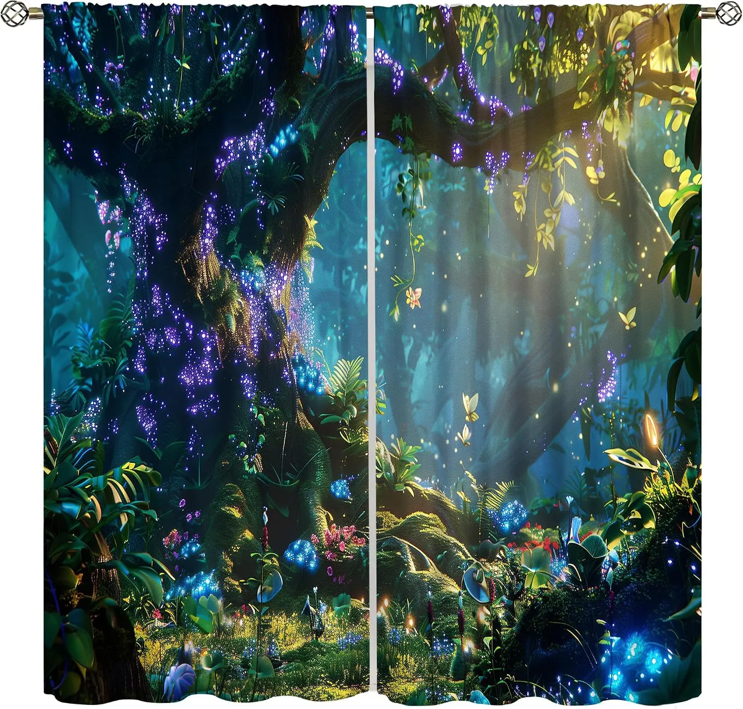 Magical Glowing Forest Curtain 2 Panels, Giant Ancient Tree Luminous Purple Vine Butterfly Light Beam Dark Jungle Print, Drapes
