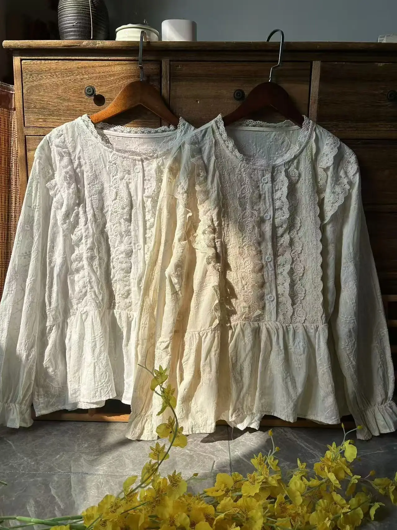 

Japanese vintage clothes mori girl spring vintage lace patchwork white beige shirts and blouses 100% cotton lolita clothes