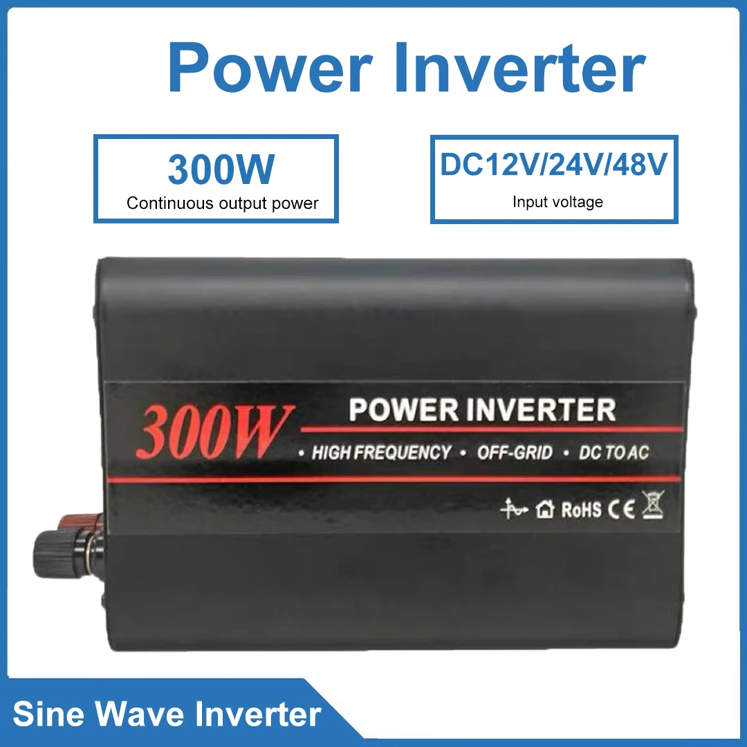 Power Inverter 300W DC12V/24V/48V Pure Sine Wave Inverter AC100-120V AC220-240V Peak Power 600W For RV Camping