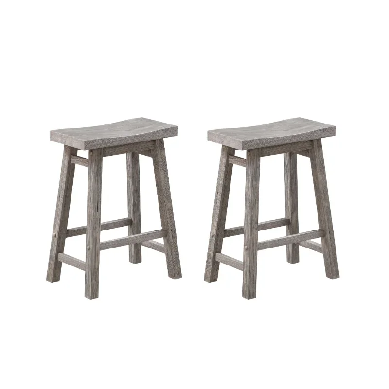 24-Inch Counter Height Backless Saddle Wood Counter Stool, Storm Gray Wire-Brush Finish, Set of 2  Bar Chair