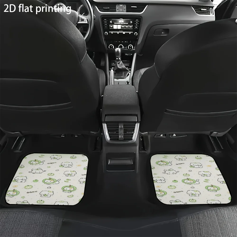 4pcs Car Floor Mats, Green Apple Cat Cartoon Pattern, Material, Universal Car Mats, Suitable For All Seasons, Interior Accessori