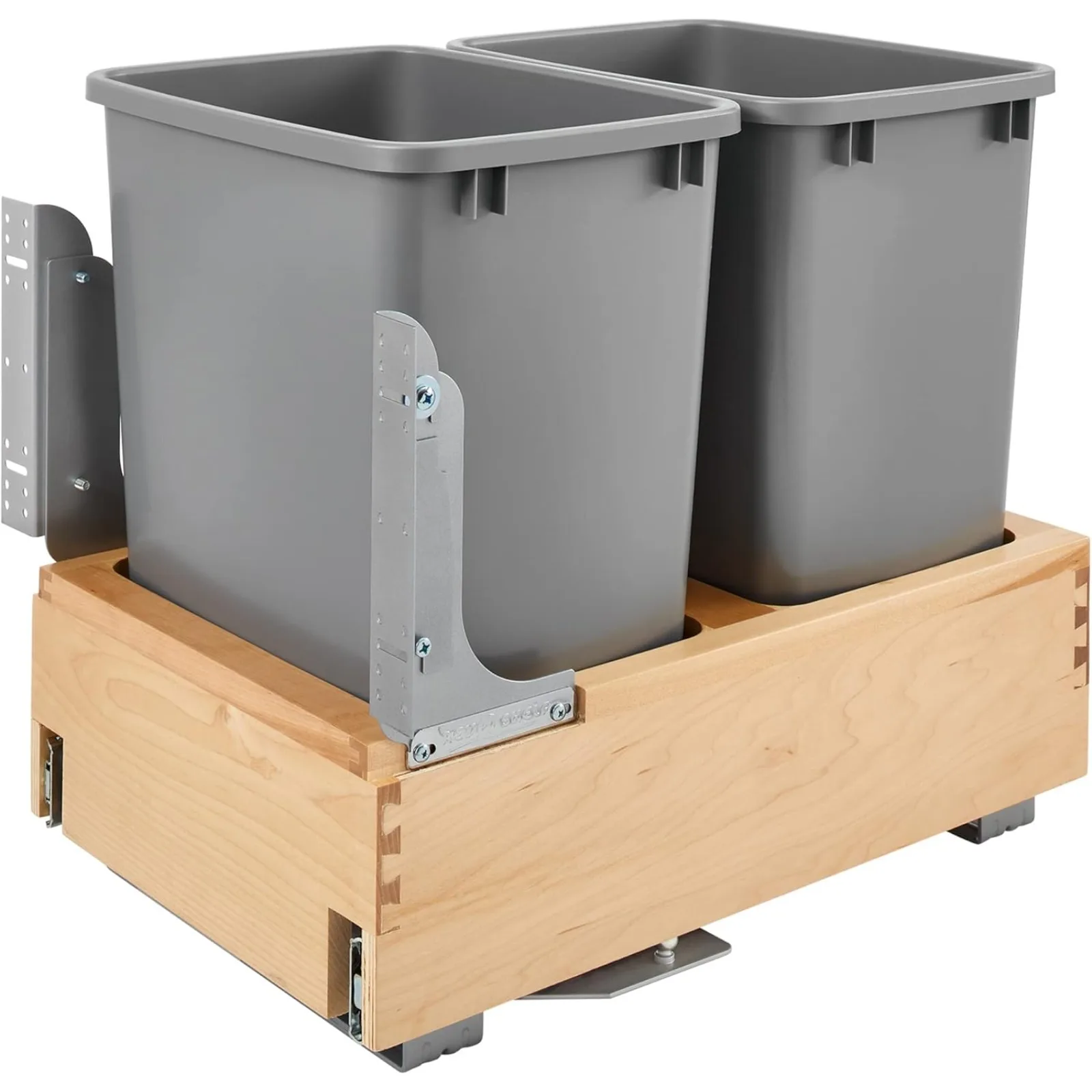 

US Double 35 Quart Pull Out Under Cabinet Trash Can with Soft Open & Close Slide System, Metallic Silver, Maple Wood