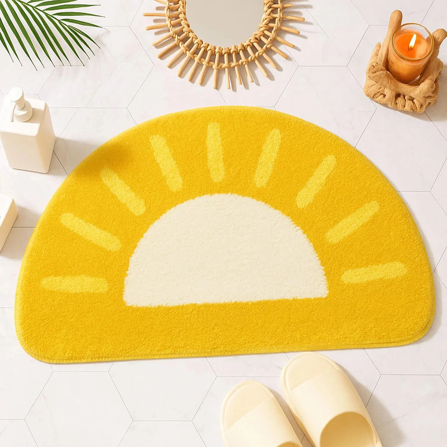

Sun Bath Mat Yellow Semi-Circle Bathroom Décor Soft Absorbent Microfiber Bathtub Rug Machine Washable Tufted Floor Carpet