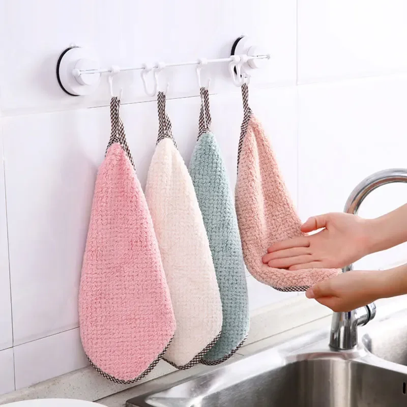 Double-sided Absorbent Rags Hanging Coral Velvet Thickened Hand Towels Dish Towels Scouring Pads Non-shedding Dishcloths