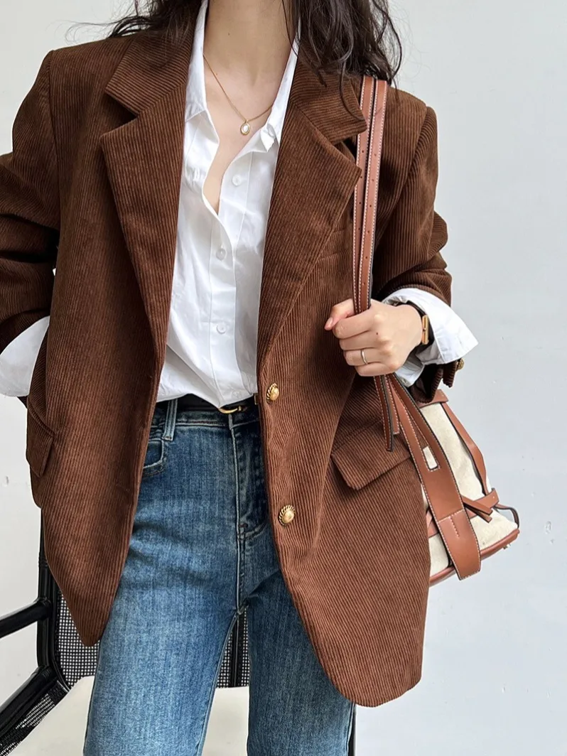 

Vintage Heavy Corduroy Casual Blazer for Women, Early Autumn 2023 New Korean Loose High-End Suit Jacket High Quality Fashionable