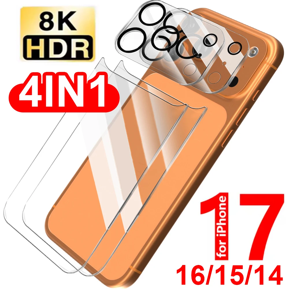 Película protetora traseira de vidro temperado 4 em 1, para iphone 17 air 16 15 14 plus pro max 17pro, lente de câmera, filmes protetores traseiros para iphone17