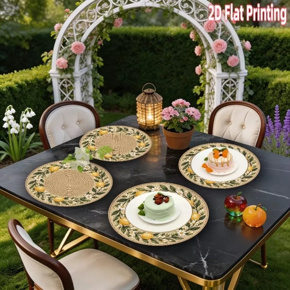 14.96in Printed Placemats Flower Printed Pattern 2D Flat Imitation Rattan Placemats Wipeable Anti-slip Round Table Mats
