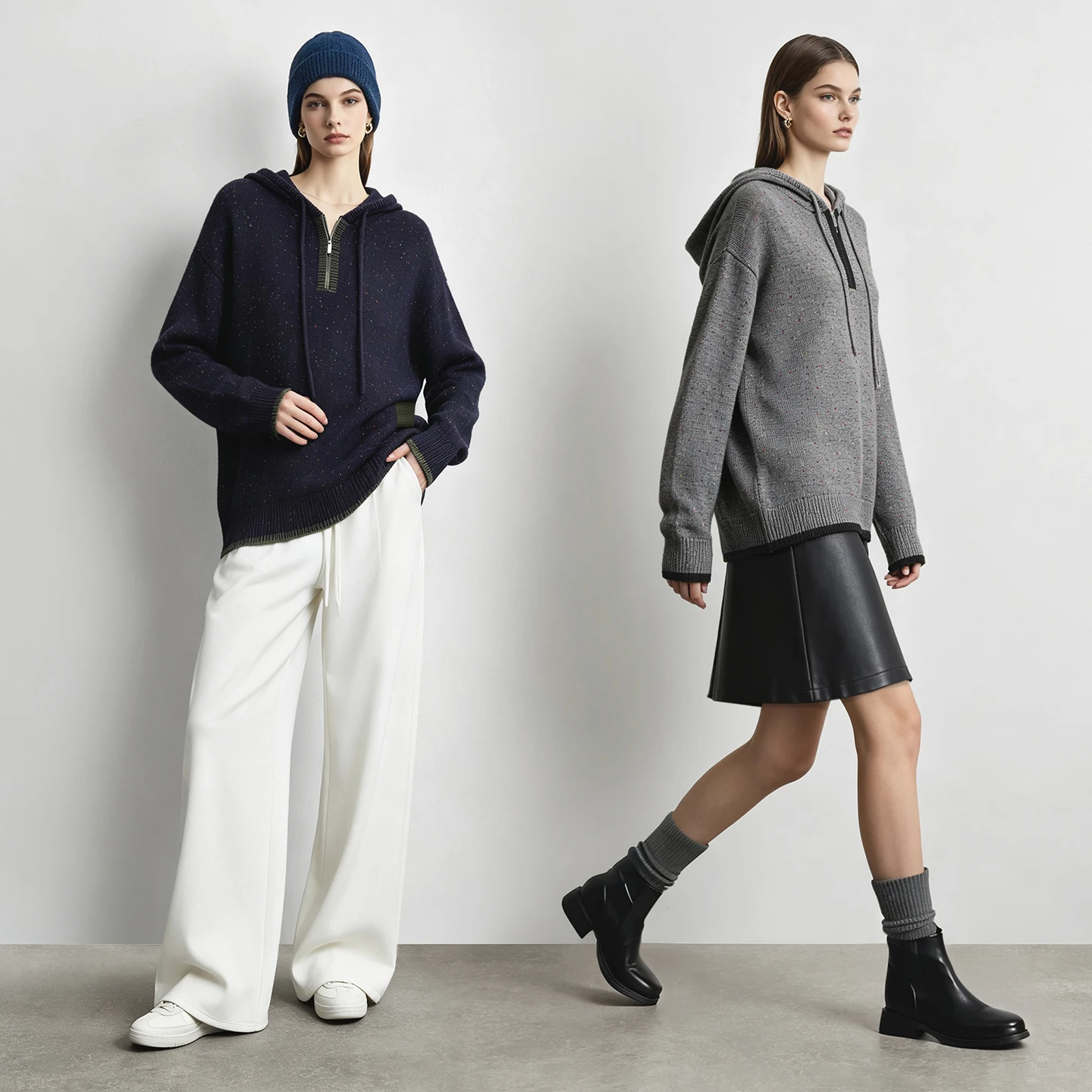 Amii Half-Zip Hooded Color Block Knit Pullover Drop Shoulder Loose Fit Casual Commuter 2026 Winter Women's Sweaters 12654035