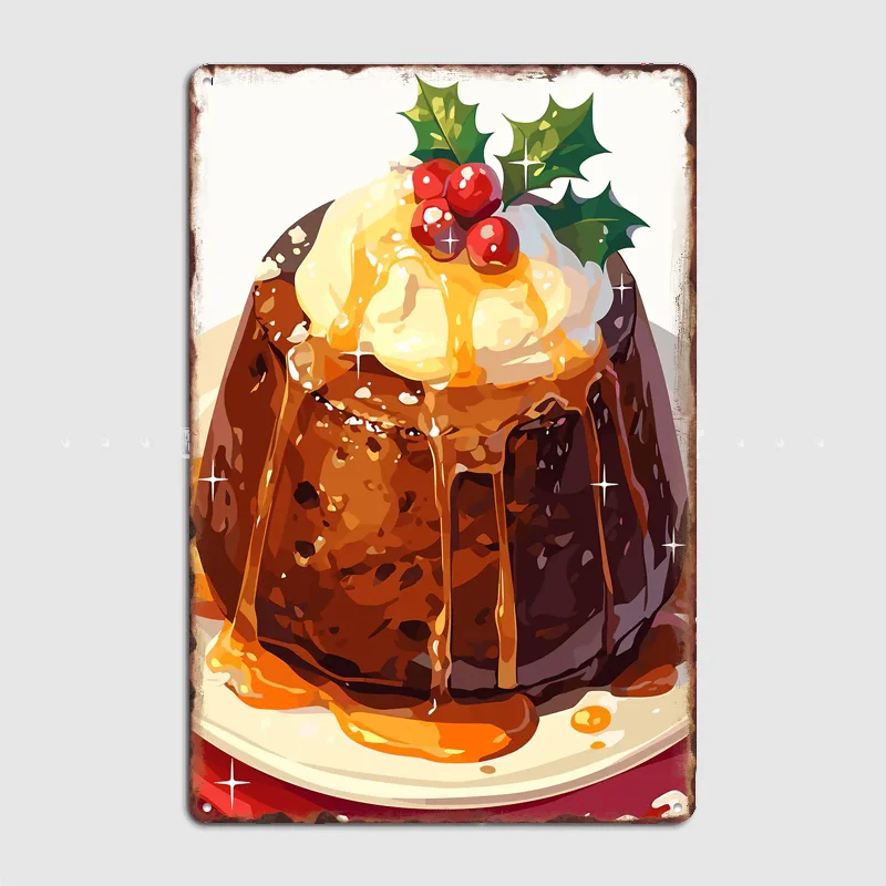 Christmas Pudding with Holly and Berries Poster Metal Sign Custom Room Decor Home Wall Decor Posters Indoor Wall Decoration