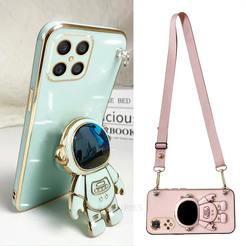 Honorx8 Crossbody Lanyard Plating Case For Huawei Honor X8  X8a 4g 5g X6 X7  X7a X5 50 Silicone Astronaut Holder Cover Honorx8a