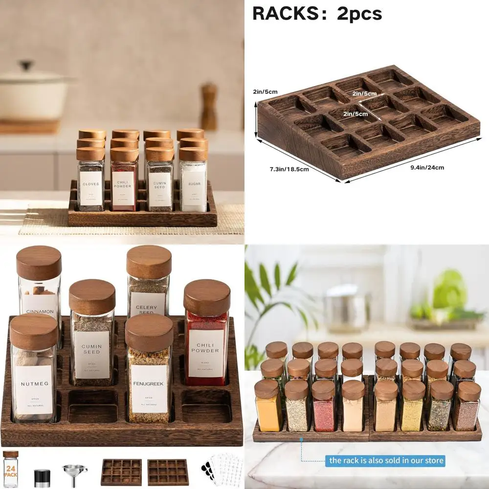 

Стеклянные банки для специй из 24 предметов с крышками из дерева акации, стойкой, мельницей для перца и воронкой — квадратные контейнеры на 4 унции для хранения на кухне
