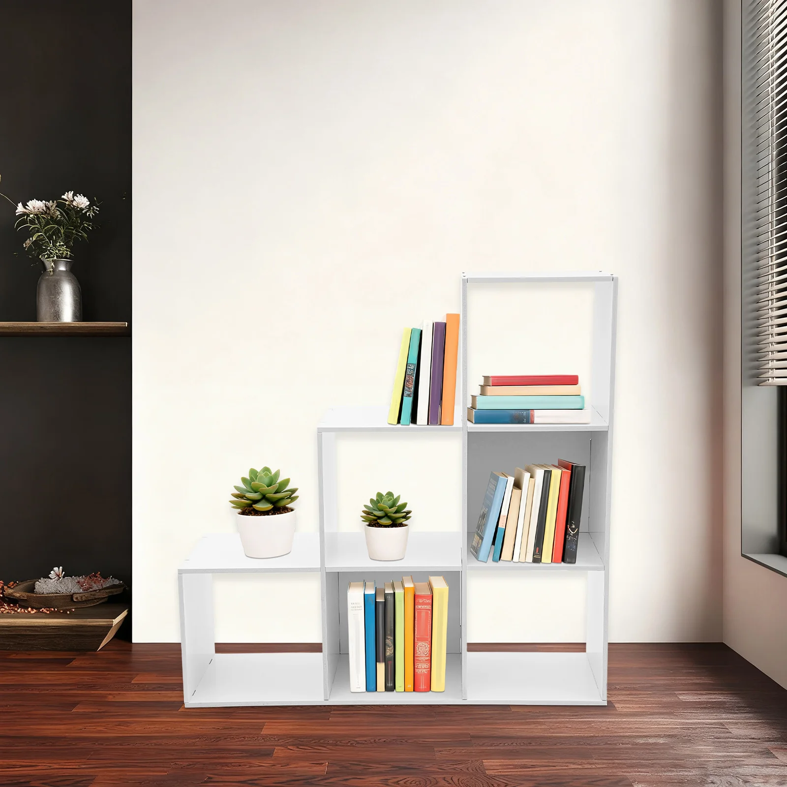 

White PVC Board 90x28x90cm L-shaped 6-grid Corner Cabinet Stepped Storage Bookcase Multi-layer Shelf