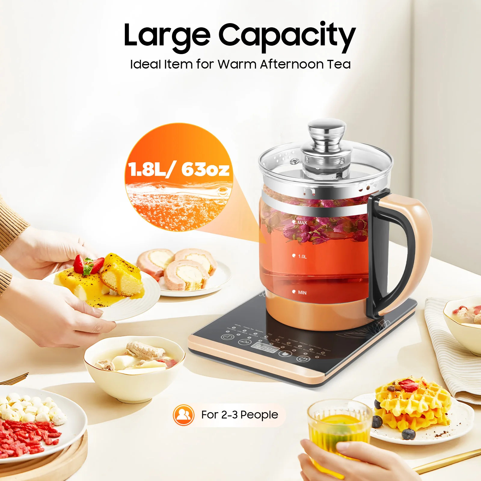 

1.8L Electric Glass Kettle, 18-in-1 Multi cooker with 12 Tea Modes & Keep Warm, 800W for Boiling, Coffee, Soup, Home, Office