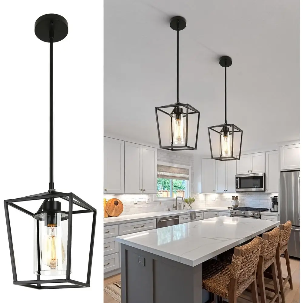 

Set of 2 Black Metal Cage Pendant Lights with Clear Glass Shades for Kitchen Island, Dining, Entryway, and Hallway