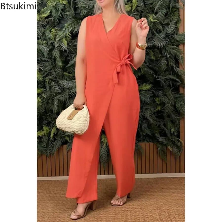 Women's Casual V-neck Cross Strap Jumpsuit Streetwear Loose Romper Elegant Lace Up Sleeveless Hollow Out Solid Office Jumpsuits