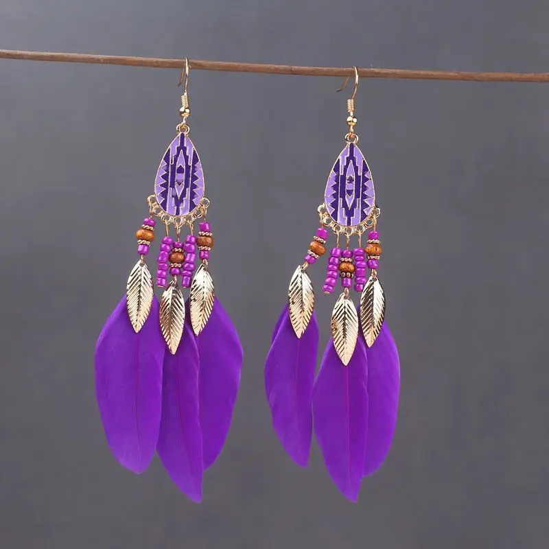 Boho Lange Feder Baumeln frauen Ohrringe Strand Lange Quaste Perlen Handgemachte Blume Emaille Ohrringe Braut Hochzeit Pendientes Mujer