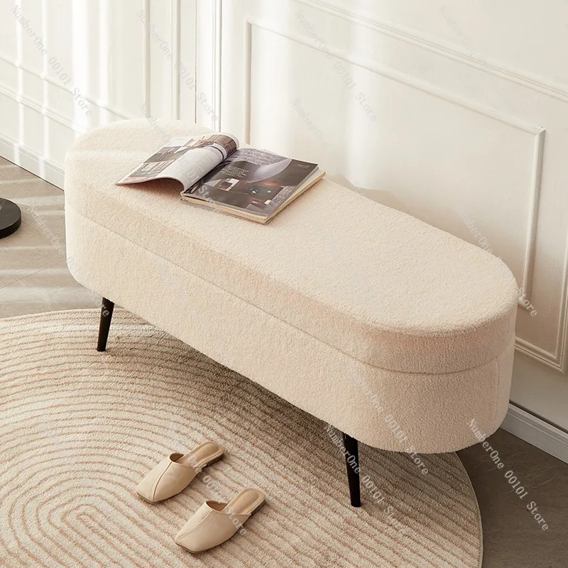 Home Entryway Sherpa Upholstered Shoe Changing Bench Minimalist Storage Ottoman Long Sofa Stool for Bedroom Bed End Walk