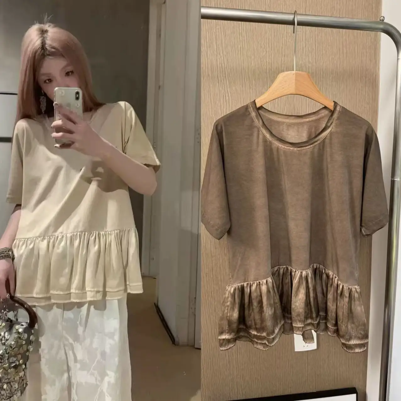

Retro Distred Splice Lace Hem Loose Casual ort Sve T-irt Spring Summer New Sle Pure Cotton round Ne Top
