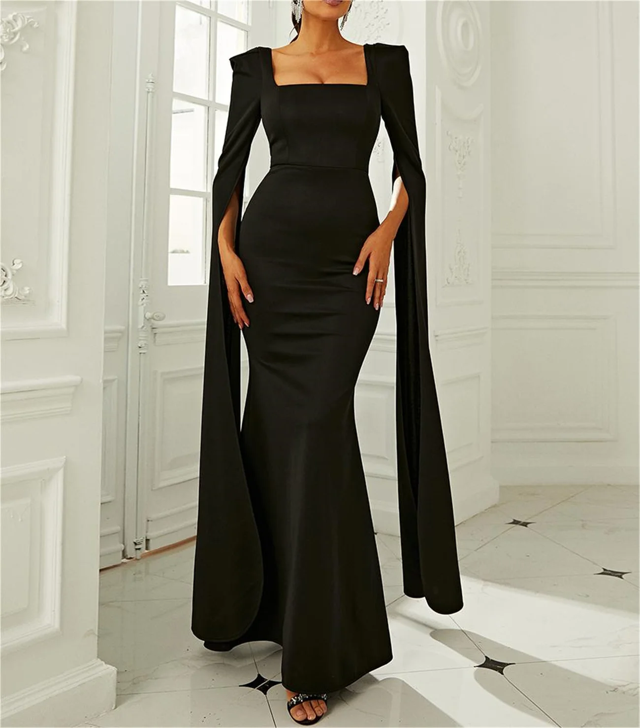 Simple Black/Green Evening Dress Square Neck With Cape Sleeves Summer To Floor Length Elegant Prom Party Dresses Newest 2024