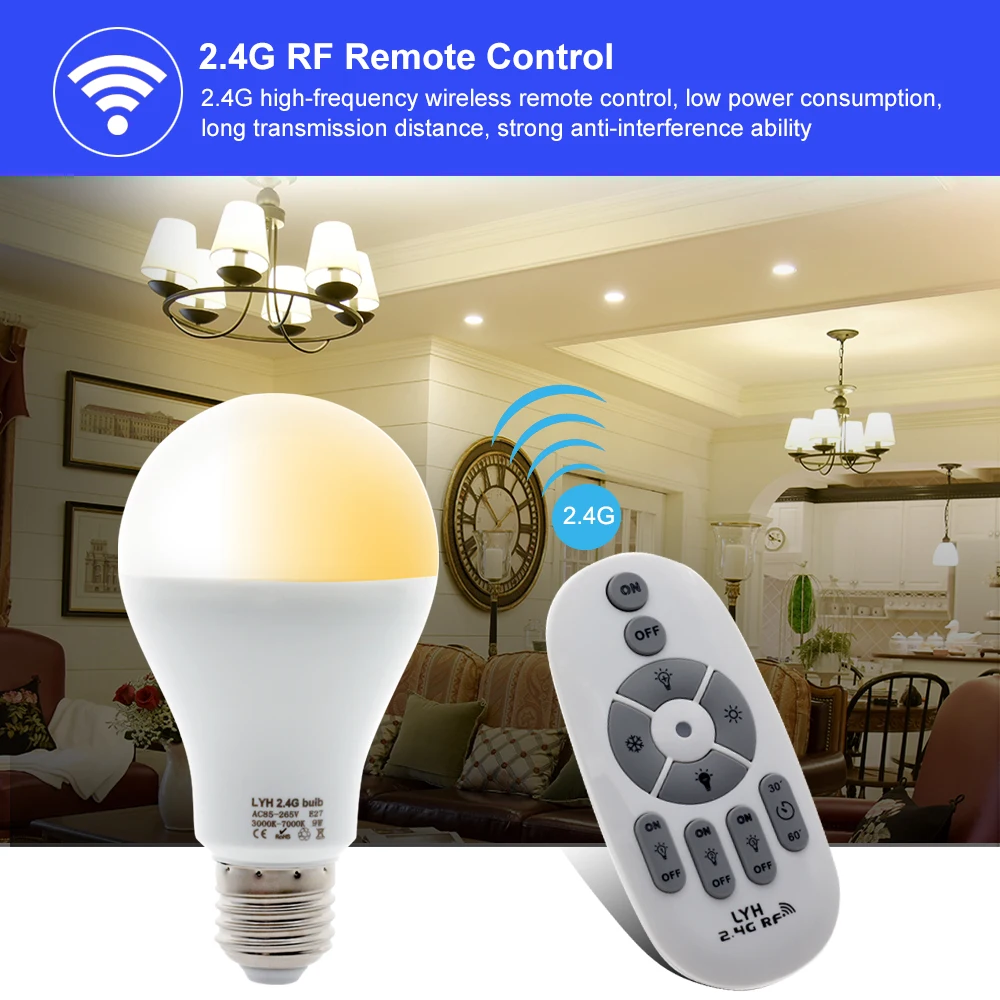 Smart LED Bulb E27 AC86-265V 6W 9W 12W LED Spotlight RF 2.4G Remote Control Smart Lighting Warm White Cold White Changeable Bulb