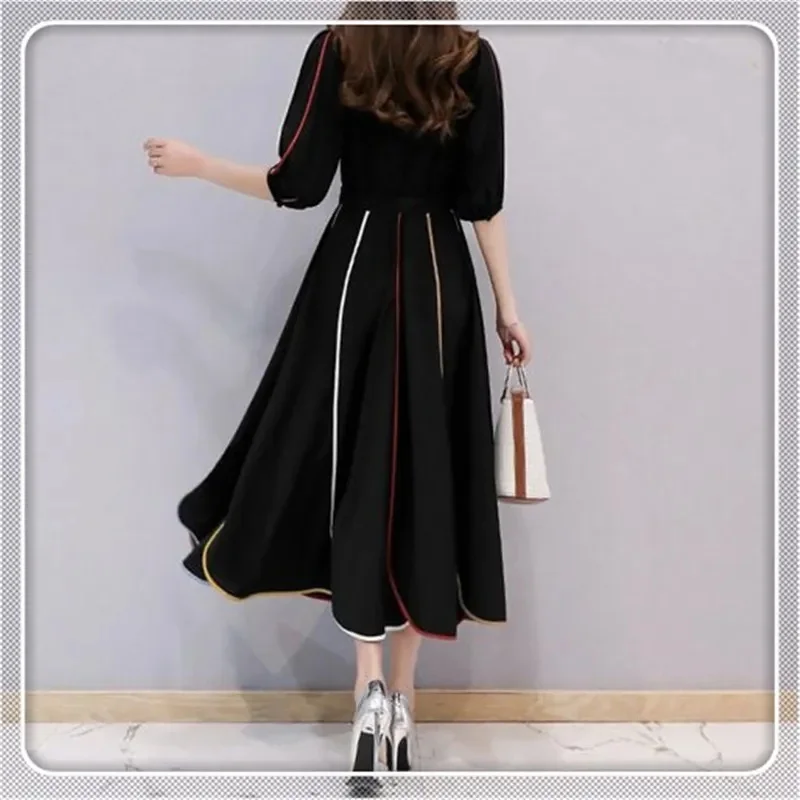 2024 Summer Korean Version Fashion Thin Cover The Belly Black Chiffon Age-Reducing Women Clothing Medium Long Fat Sister Dress