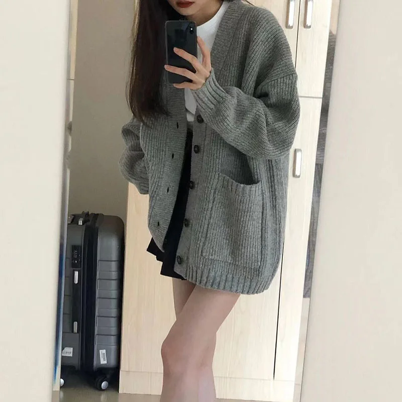 Autumn Grey Women Knitted Cardigan Korean Oversize Pocket V Neck Single Breasted Jumper Casual Loose Preppy All Match Sweater