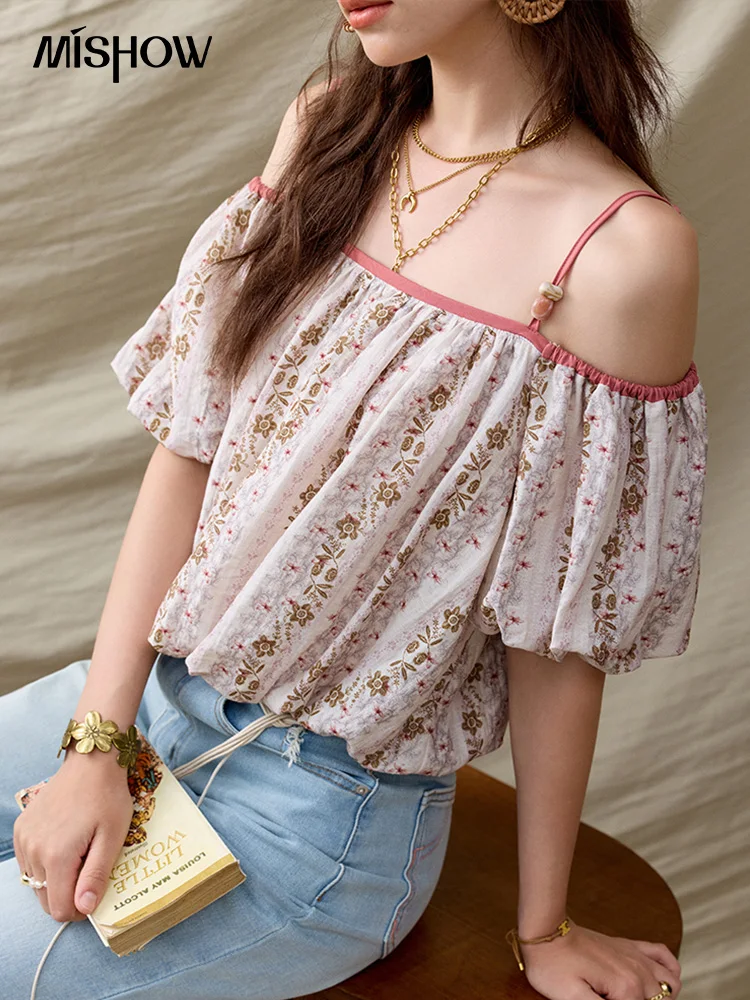MISHOW French Summer Blouses Women New 2025 One-shoulder Floral Short Sleeve Contrast Color Shirts Woman Fashion MXE31X1767