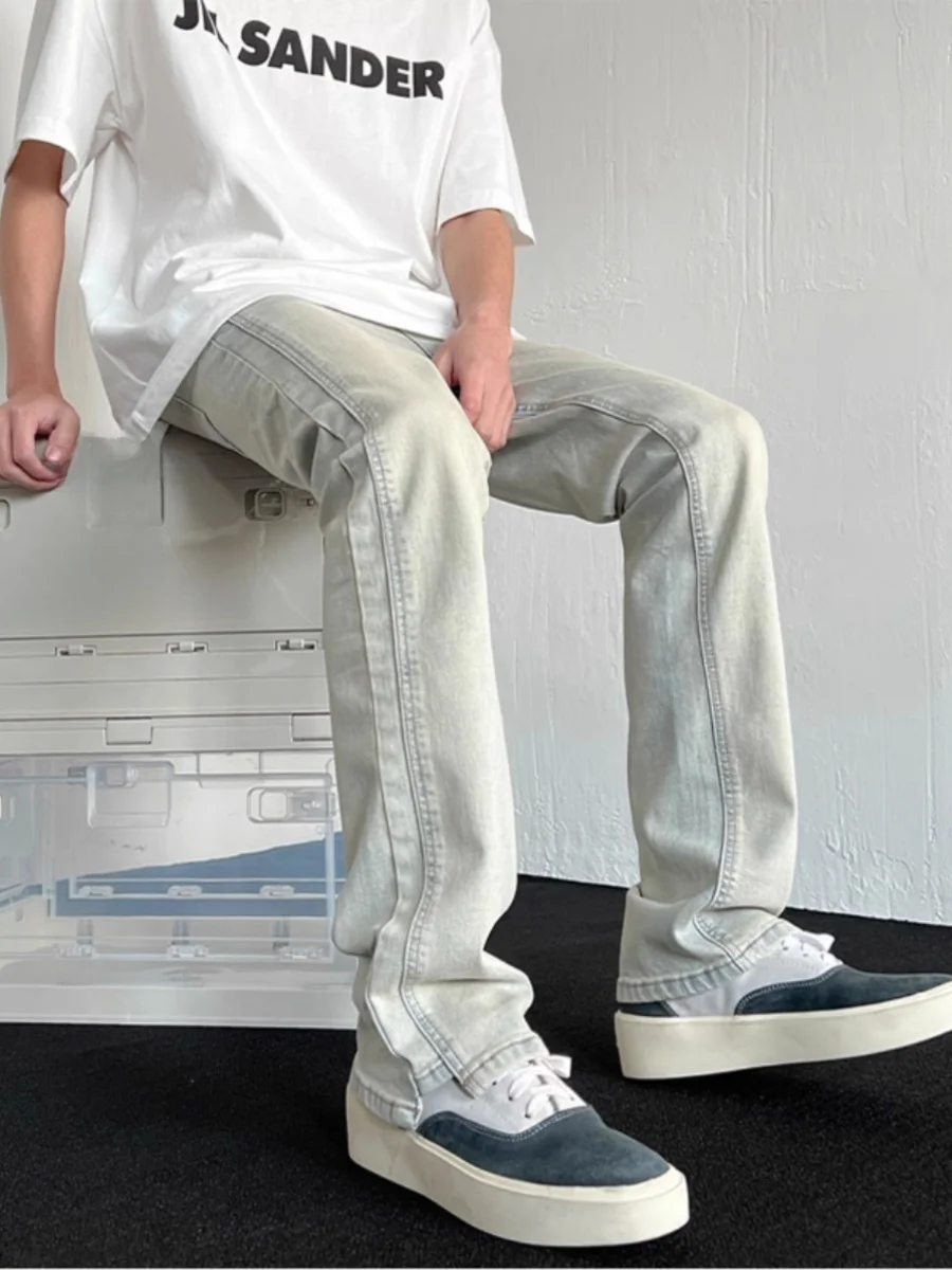 

Американские облегающие джинсы с микро-расклешенными джинсами, мужские летние уличные эластичные прямые брюки для похудения, повседневные длинные брюки