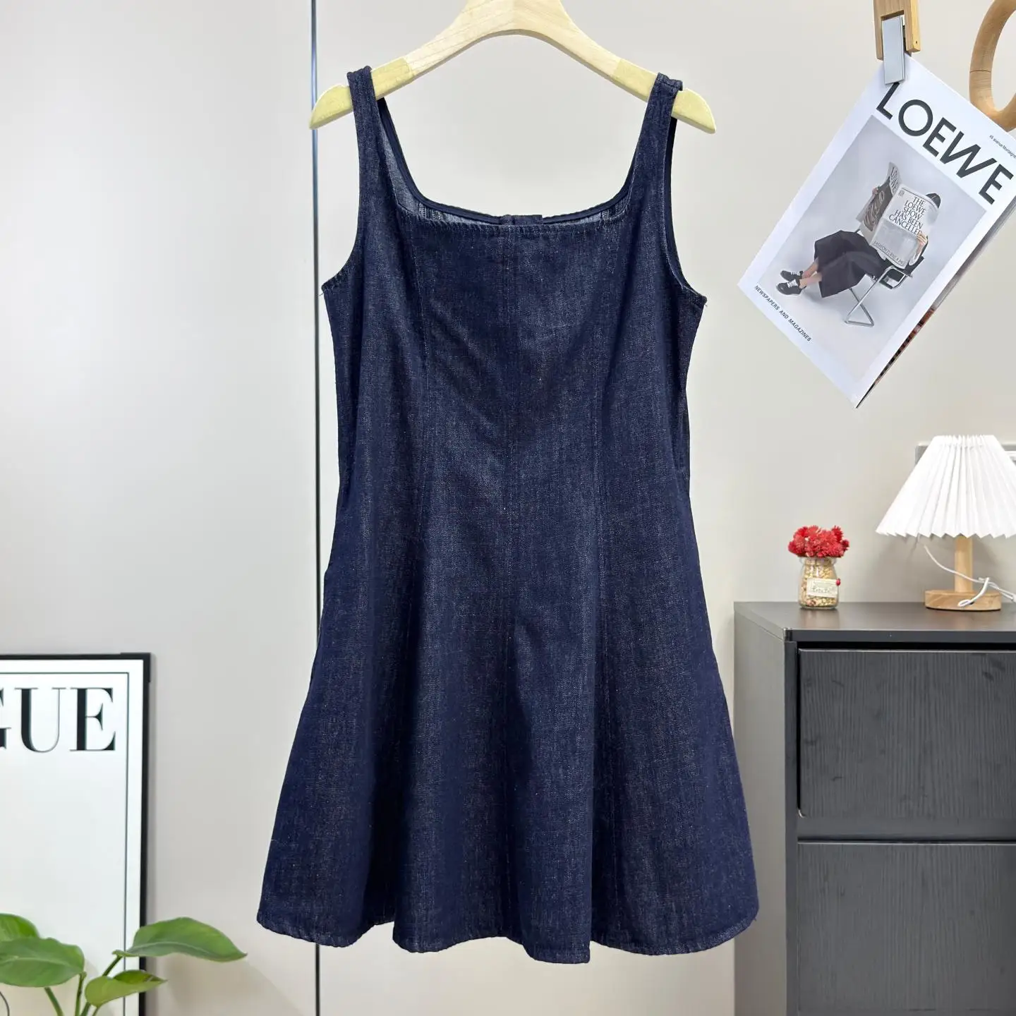 High-End Linen Cotton Blend Fashionable Square Collar 3D Tailored Waist-Cinching Denim Strap Short Skirt City Commute